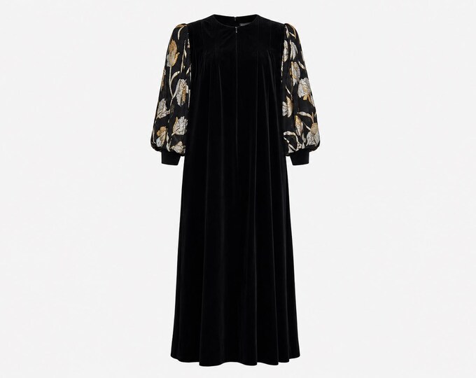 1980s David Brown California Maxi Dress | Black Metallic Lamé Velour Fabric | Will Fit Small-Large
