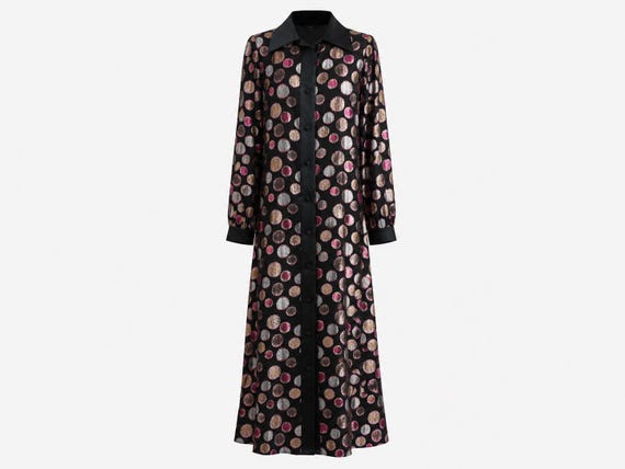 1970s Jane Andre Maxi Column Gown | Metallic Circle Print Fabric | Size Large