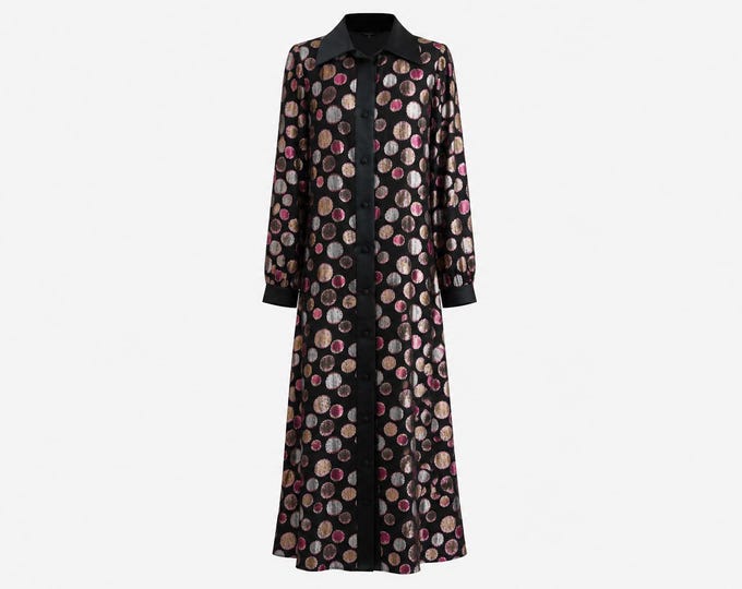 1970s Jane Andre Maxi Column Gown | Metallic Circle Print Fabric | Size Large