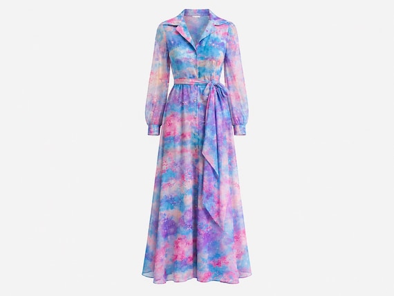 1970s Coco of California Chiffon Maxi Dress | Full Circle Sweep | Cherry Blossom Print | Will Fit Medium