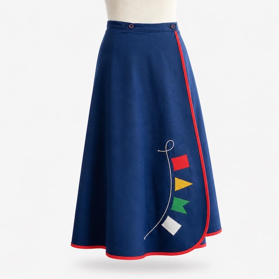 1970s Nautical Wrap Skirt | Vintage Navy Appliqué Sailing Flags | MINT