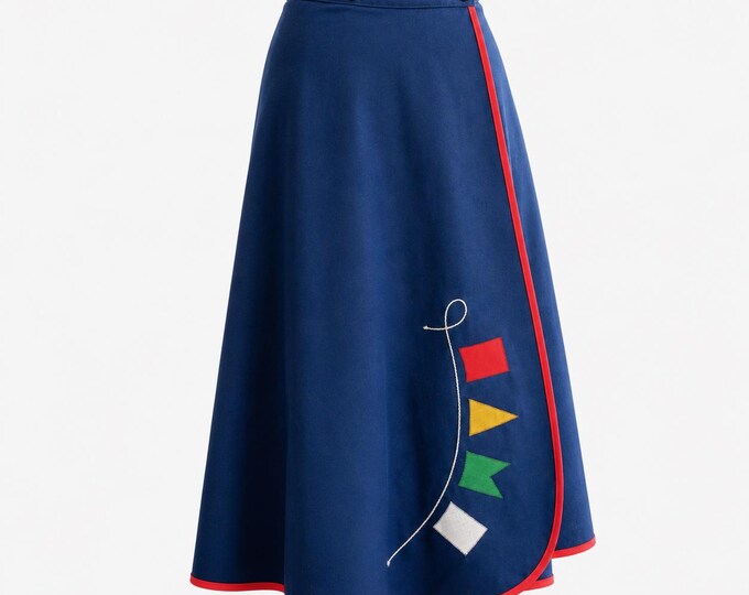 1970s Nautical Wrap Skirt | Vintage Navy Appliqué Sailing Flags | MINT