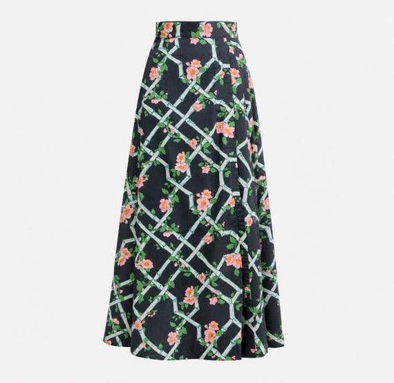 1970s Maxi Skirt | Floral Lattice Waxed Cotton with Lime Green Lining | Adjustable