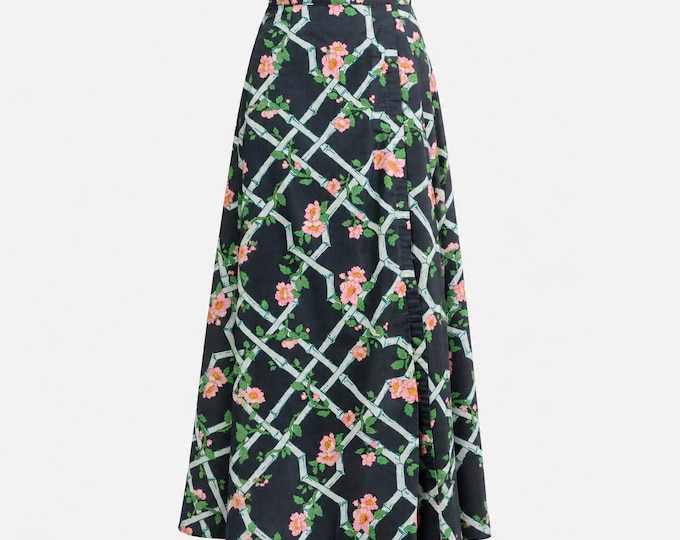 1970s Maxi Skirt | Floral Lattice Waxed Cotton with Lime Green Lining | Adjustable