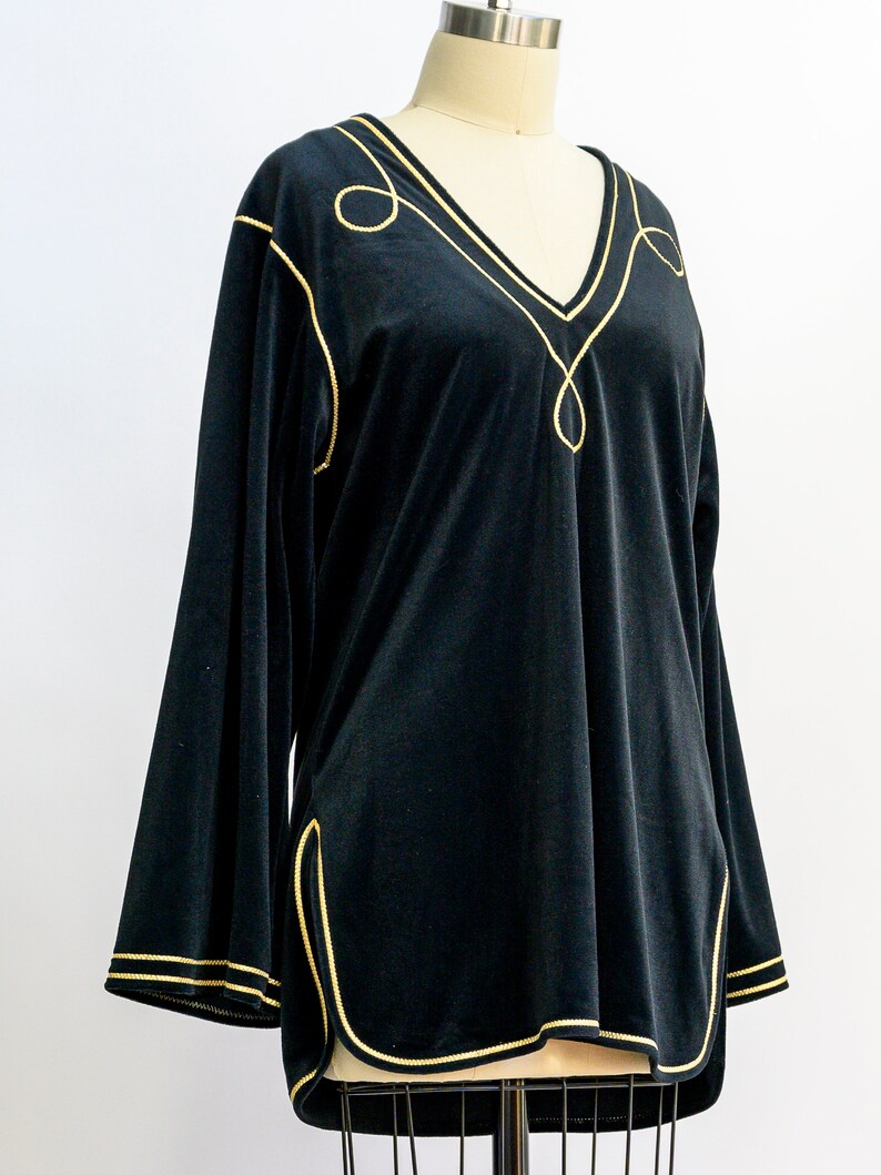 Vintage Bill Tice velvet tunic from the 1980s. Stunning black tunic with gold piping. Luxurious and soft. Wear with leggings for a chic look image 3