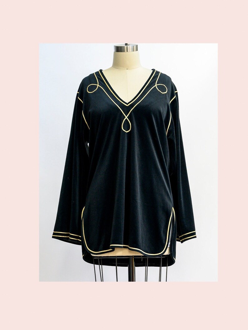 Vintage Bill Tice velvet tunic from the 1980s. Stunning black tunic with gold piping. Luxurious and soft. Wear with leggings for a chic look image 1