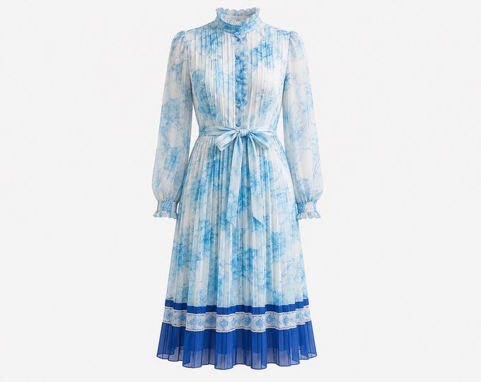 1970s Floral Day Dress | Blue Floral Plissé Pleats | Will Fit Medium and Large