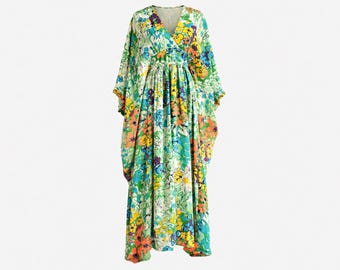 1960s Caftan Maxi Dress | Floral Barkcloth with Empire Waist | OSFA