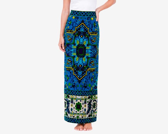 1970s Mr. Dino Velvet Maxi Skirt | Psychedelic Geometric Print | Vintage Size 12 (Modern Size 8/10)