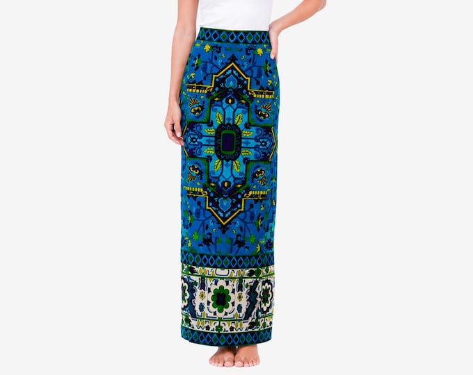 1970s Mr. Dino Velvet Maxi Skirt | Psychedelic Geometric Print | Vintage Size 12 (Modern Size 8/10)