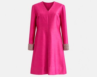 1960s Doncaster Cocktail Dress | Pink Silk Shantung with Beaded Cuffs | Size Large