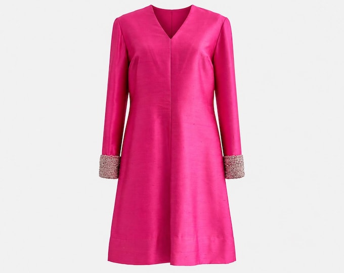 1960s Doncaster Cocktail Dress | Pink Silk Shantung with Beaded Cuffs | Size Large