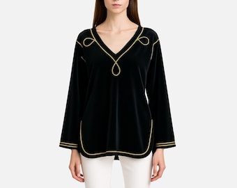 1980s Velvet Tunic: Bill Tice Luxe Loungewear Top, Gold Piping
