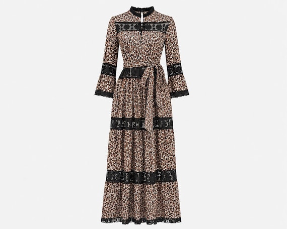 1980s David Brown California Maxi Dress | Rare Leopard and Lace Cotton Fabric | Small, Will Also Fit Medium