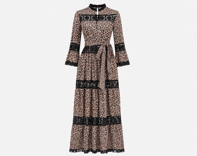 1980s David Brown California Maxi Dress | Rare Leopard and Lace Cotton Fabric | Small, Will Also Fit Medium