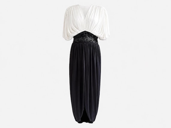 1980s Lizzy & Johnny by Lucero Wiggle Cocktail Dress | Black and White Draped Fabric with Sequins | Size 8