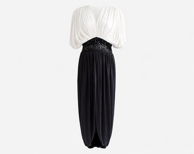 1980s Lizzy & Johnny by Lucero Wiggle Cocktail Dress | Black and White Draped Fabric with Sequins | Size 8