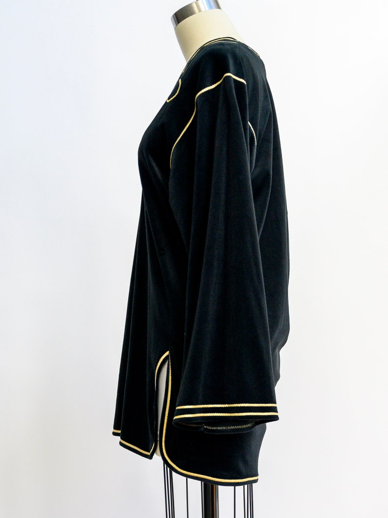 Vintage Bill Tice velvet tunic from the 1980s. Stunning black tunic with gold piping. Luxurious and soft. Wear with leggings for a chic look image 7