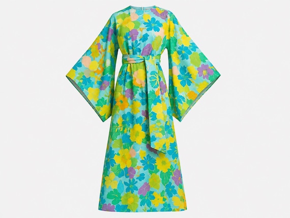 1970s Sun Fashions Hawaii Cotton Barkcloth Maxi Dress | Huge Angel Sleeves | Will Fit Small/medium