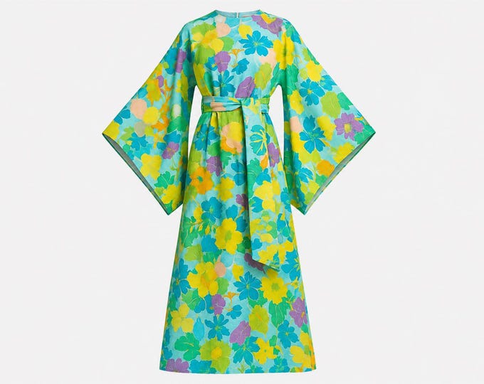 1970s Sun Fashions Hawaii Cotton Barkcloth Maxi Dress | Huge Angel Sleeves | Will Fit Small/medium