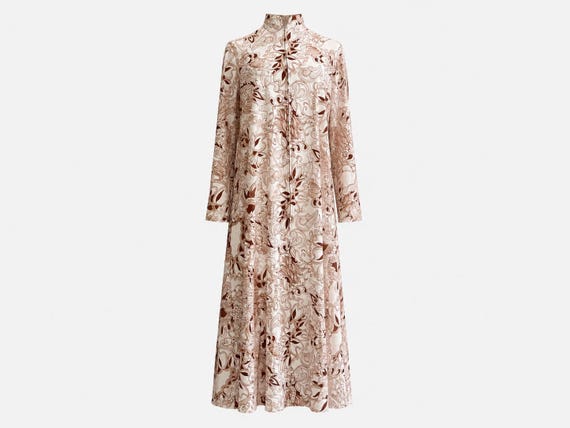 1970s Maxi Dress | Brown and Ivory Floral Fabric | Size Medium