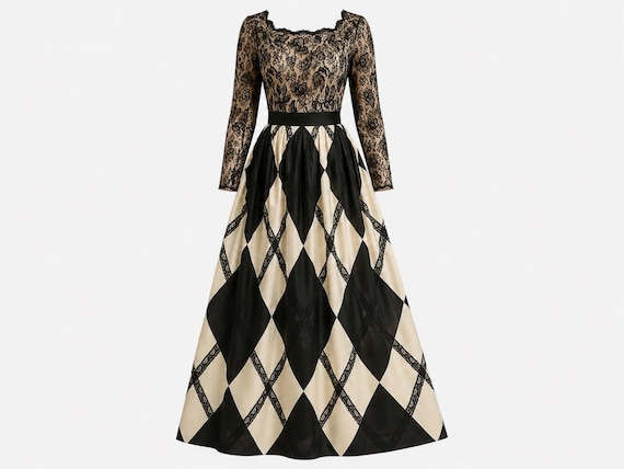 Vintage 1994 Bill Blass Maxi Gown | Archival Quality | Harlequin Lace and Silk | Size 10