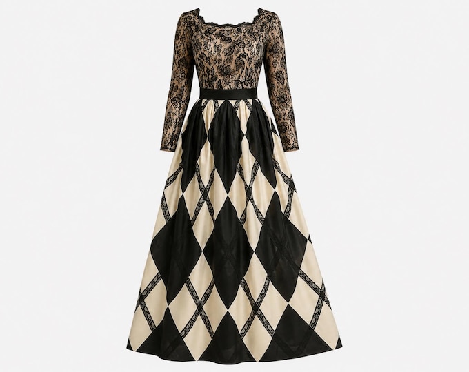Vintage 1994 Bill Blass Maxi Gown | Archival Quality | Harlequin Lace and Silk | Size 10