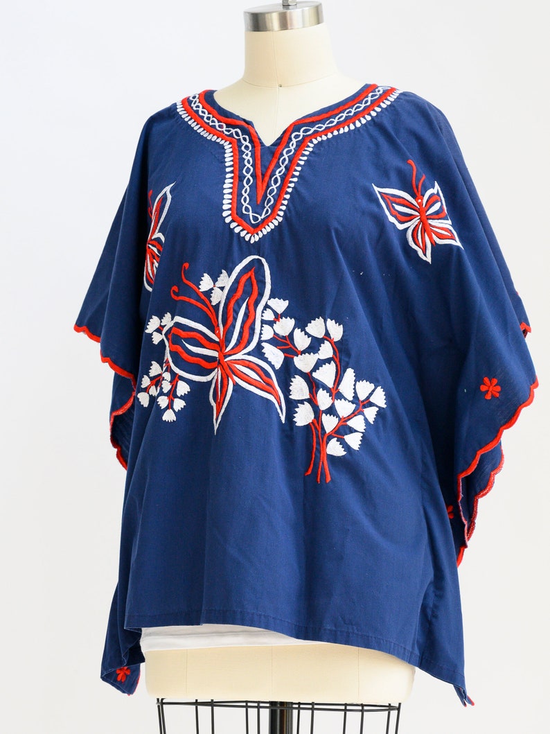 Vintage mini caftan from the 1970s. Embroidered with butterflies. Pool, beach, 4th of July, Memorial Day. Vintage preppy. Palm Royale. image 5