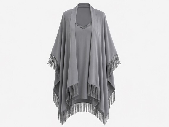 Y2K Calypso St. Barth Silver Silk Tunic | Beaded Fringe, Sash Belt