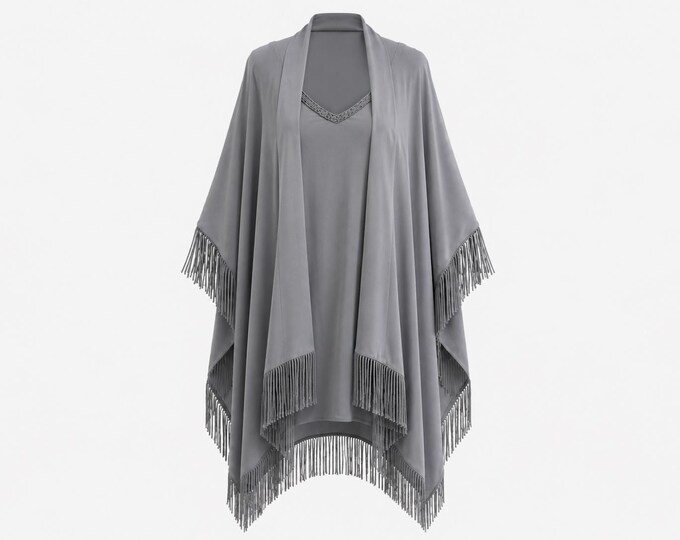 Y2K Calypso St. Barth Silver Silk Tunic | Beaded Fringe, Sash Belt