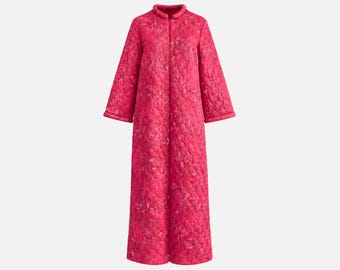 1970s Quilted Maxi Housecoat | Pink Floral Duster | Size Large