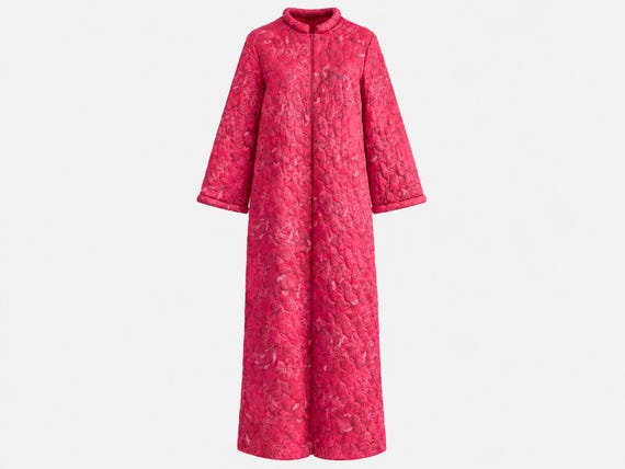 1970s Quilted Maxi Housecoat | Pink Floral Duster | Size Large