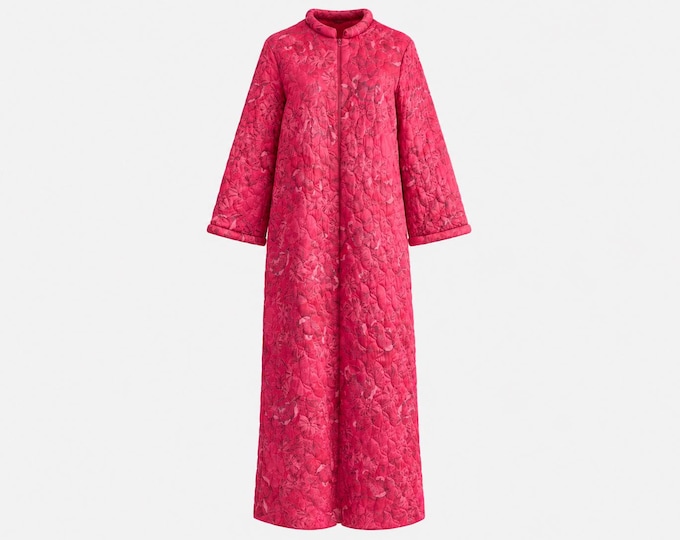 1970s Quilted Maxi Housecoat | Pink Floral Duster | Size Large