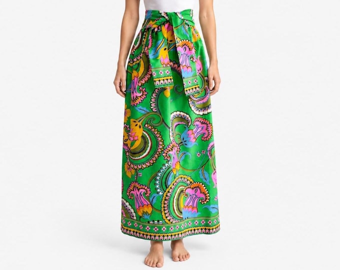 1970s Alice Polynesian Fashions Maxi Wrap Skirt | Day-glo Psychedelic Paisley Barkcloth Fabric | Adjustable Medium to Large