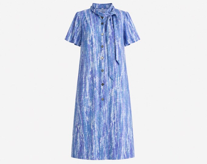1970s Secretary Mini Dress | Blue Print Pussy Bow | Will Fit Medium and Large