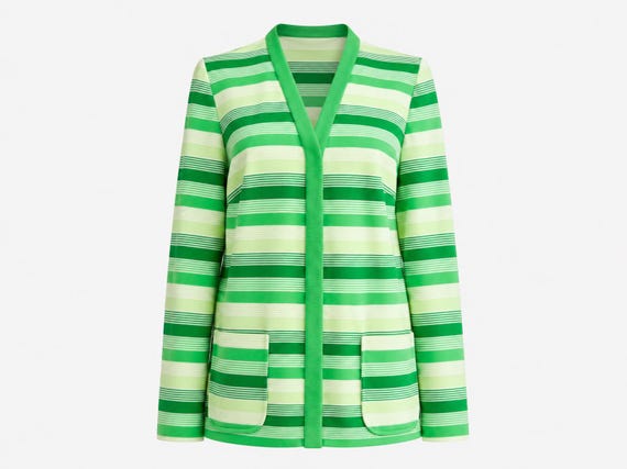 1970s Marty Gutmacher Striped Cardigan Sweater  | Heavyweight Polyester in Green and White | Size Large