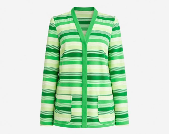 1970s Marty Gutmacher Striped Cardigan Sweater  | Heavyweight Polyester in Green and White | Size Large