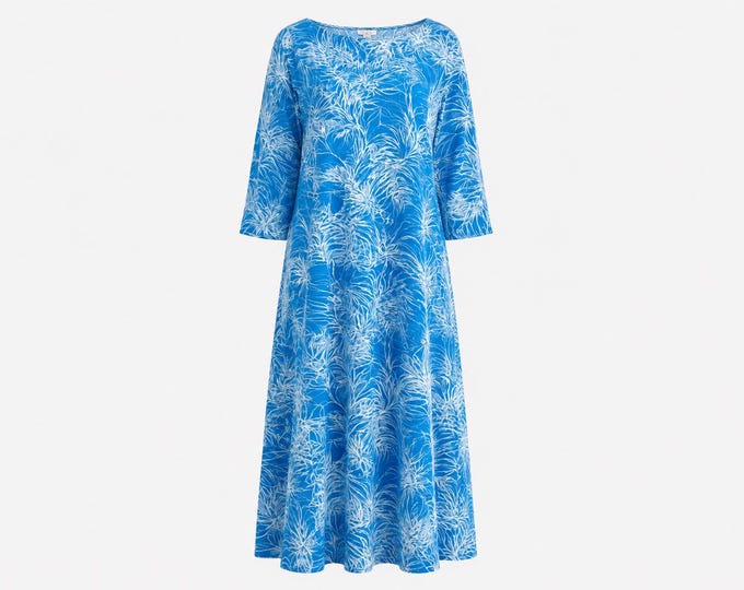 1960s Two Potato Laguna Beach Maxi Dress |  Blue & White Tropical Print | Size Large