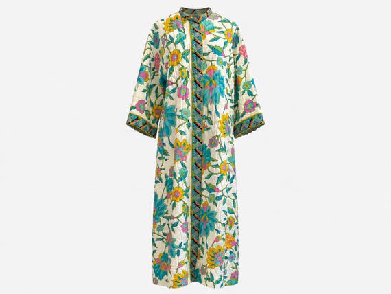 1970s Evelyn Pearson Archival Quilted Duster |  Bright Quilted Fabric | Size Large