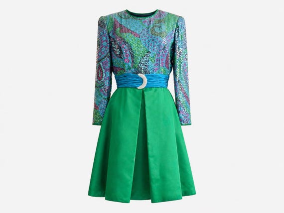 1994 Giancarlo for Saks Fifth Avenue Mini Cocktail Dress | Green Satin and Paisley with Sequins, Rhinestones and Crinolines | Size 12