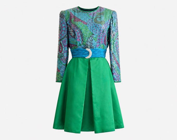 1994 Giancarlo for Saks Fifth Avenue Mini Cocktail Dress | Green Satin and Paisley with Sequins, Rhinestones and Crinolines | Size 12