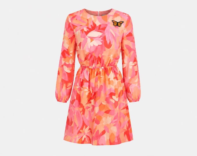 1970s Butterfly Midi Dress| Psychedelic Pink and Orange Swirl Fabric | Will Fit Small and Medium