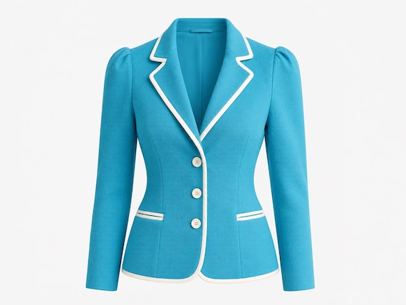 1970s Marty Gutmacher Turquoise Waffle Knit Blazer with White Trim | Will Fit Small and Medium