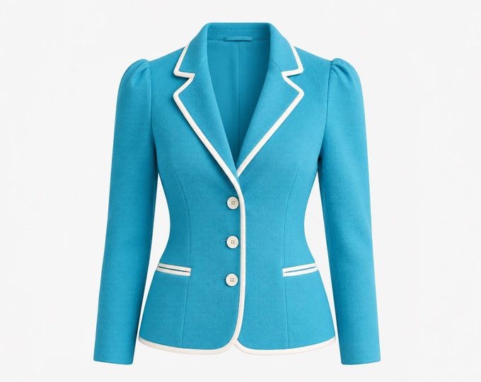 1970s Marty Gutmacher Turquoise Waffle Knit Blazer with White Trim | Will Fit Small and Medium