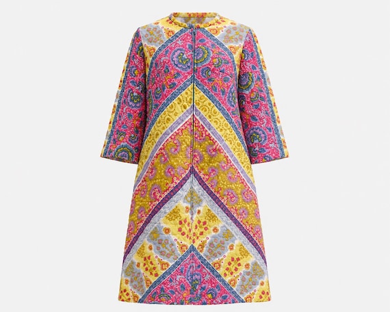 1970s Patchwork Mini House Dress | Pink and Yellow Floral Quilted Cotton | Size Medium