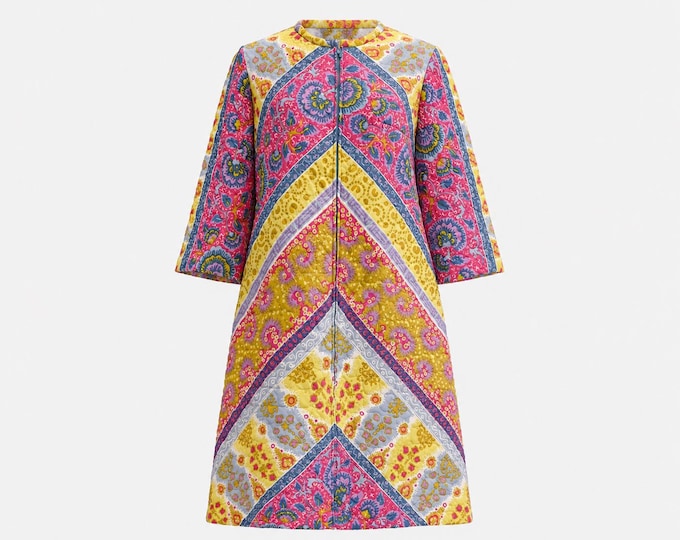 1970s Patchwork Mini House Dress | Pink and Yellow Floral Quilted Cotton | Size Medium