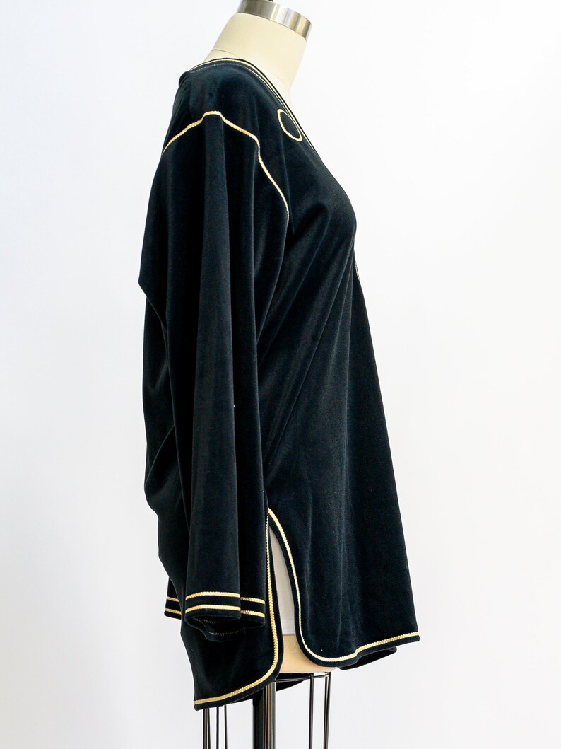 Vintage Bill Tice velvet tunic from the 1980s. Stunning black tunic with gold piping. Luxurious and soft. Wear with leggings for a chic look image 6