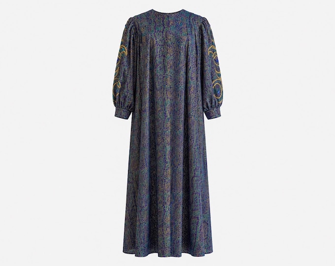 1980s David Brown Maxi Dress | Jeweled Sleeves and Metallic Fabric | Size Small