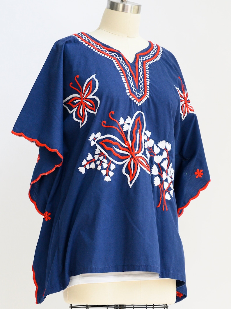 Vintage mini caftan from the 1970s. Embroidered with butterflies. Pool, beach, 4th of July, Memorial Day. Vintage preppy. Palm Royale. image 1