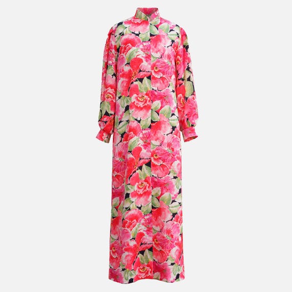 1960s Keyloun Maxi Dress from Saks Fifth Avenue | Pink and Green Floral Satin | Size Medium